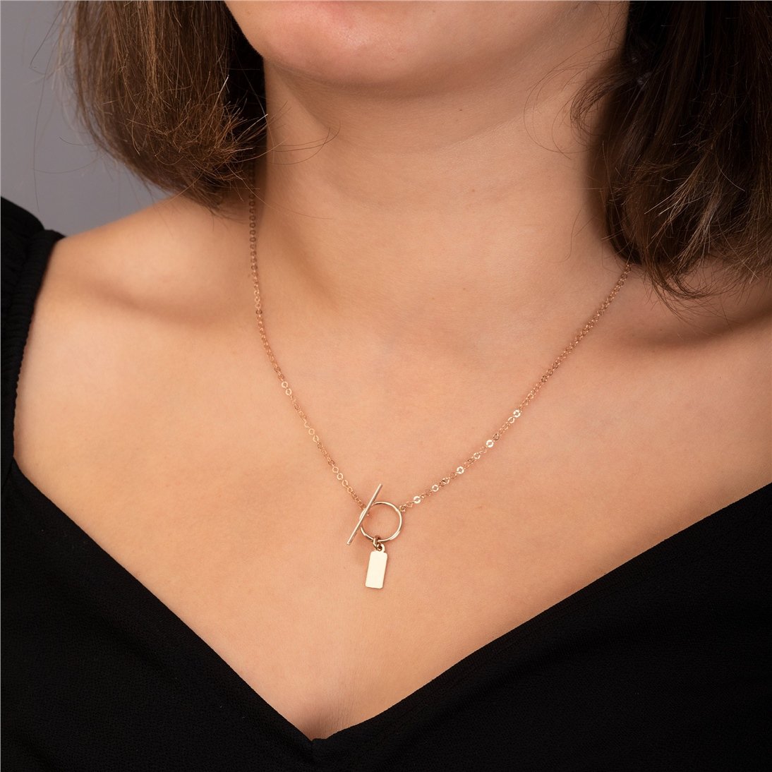 Goldstore-14K Solid Gold Birthstone & Initial Necklace, Custom Engrave Letter Name Toggle Clasp Necklace, Personalized Letter Tag Charm, Gift For Her