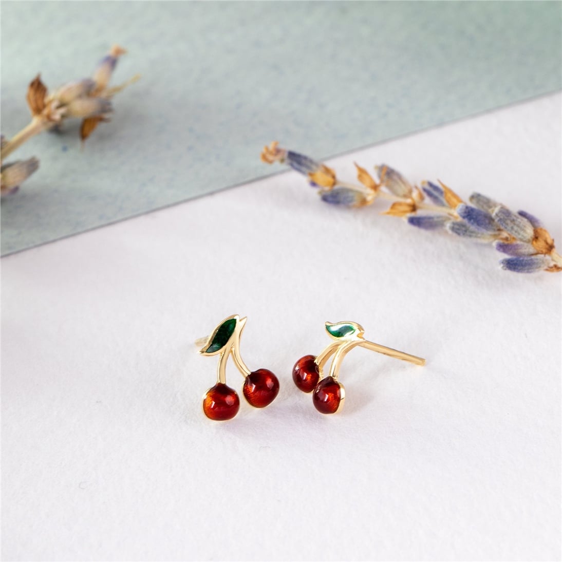 Goldstore-14K Solid Gold Cherry Earrings, Dainty Red Cherries Earrings, Cute Minimalist Fruit Earrings, Tiny Summer Jewelry, Gİft For Her