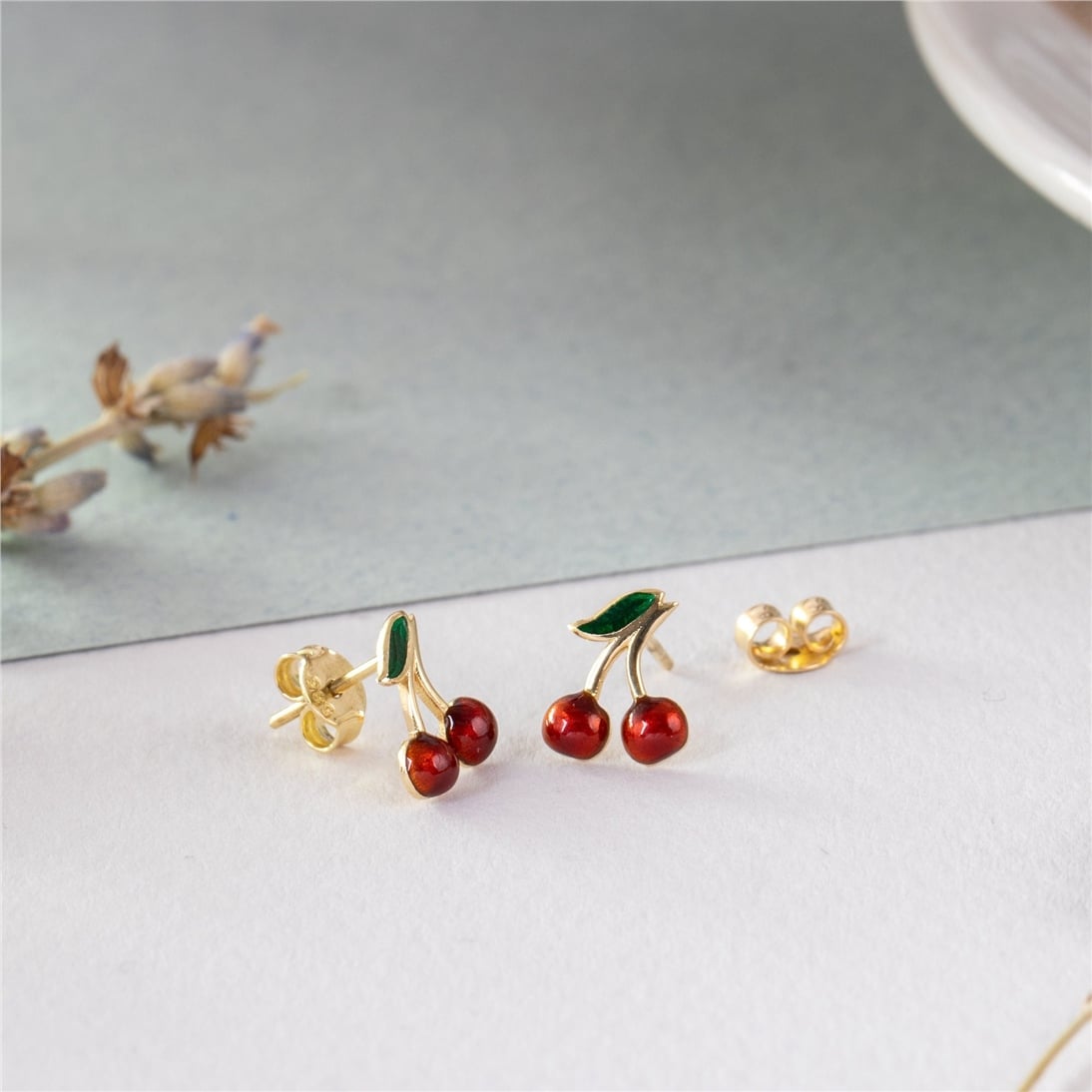Goldstore-14K Solid Gold Cherry Earrings, Dainty Red Cherries Earrings, Cute Minimalist Fruit Earrings, Tiny Summer Jewelry, Gİft For Her