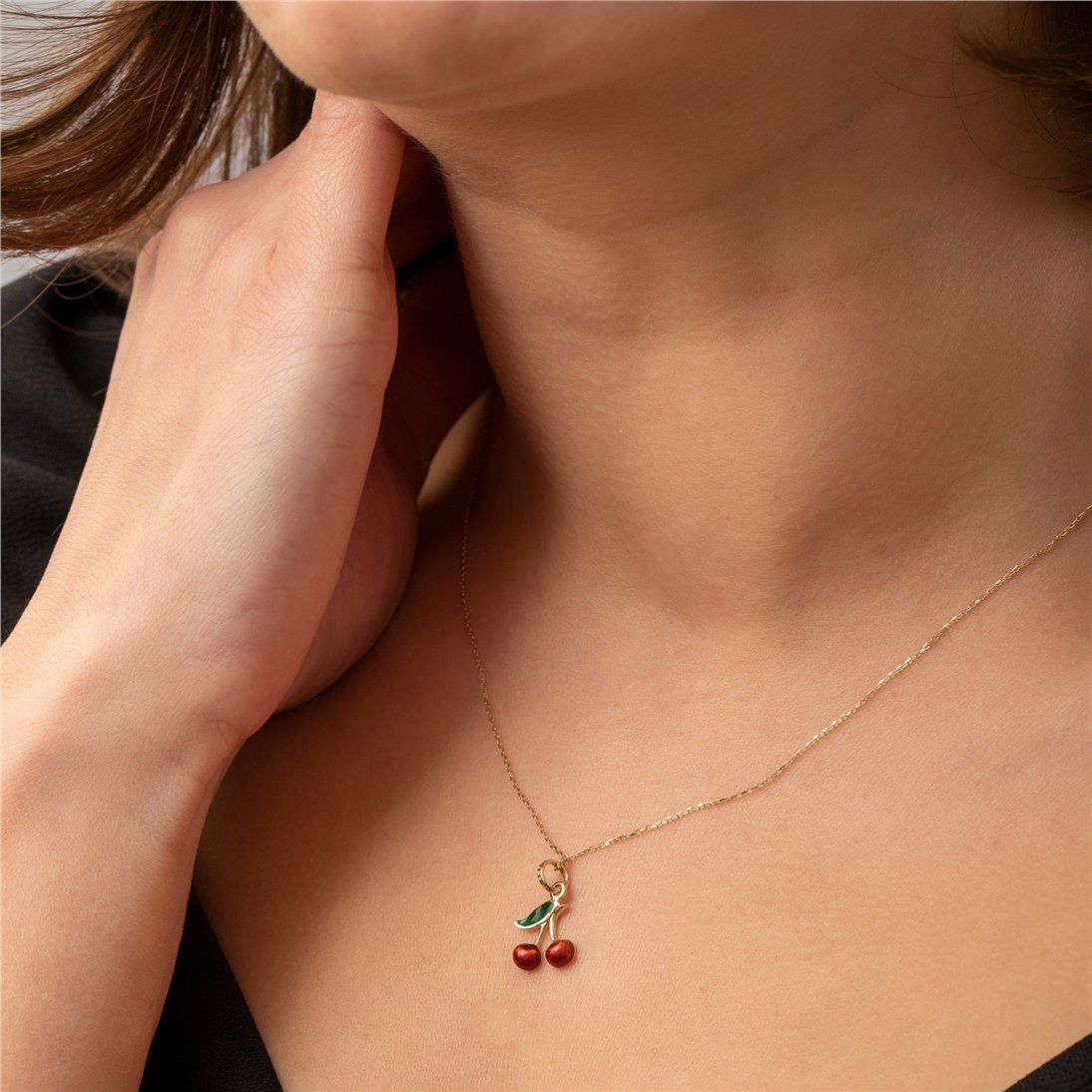 Goldstore-14K Solid Gold Cherry Necklace, Dainty Red Cherries Pendant, Cute Minimalist Fruit Necklace, Tiny Summer Jewelry, Gift For Her
