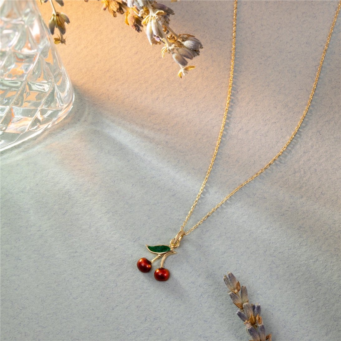 Goldstore-14K Solid Gold Cherry Necklace, Dainty Red Cherries Pendant, Cute Minimalist Fruit Necklace, Tiny Summer Jewelry, Gift For Her