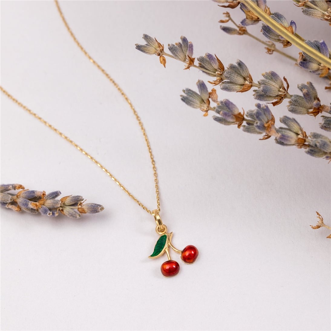 Goldstore-14K Solid Gold Cherry Necklace, Dainty Red Cherries Pendant, Cute Minimalist Fruit Necklace, Tiny Summer Jewelry, Gift For Her
