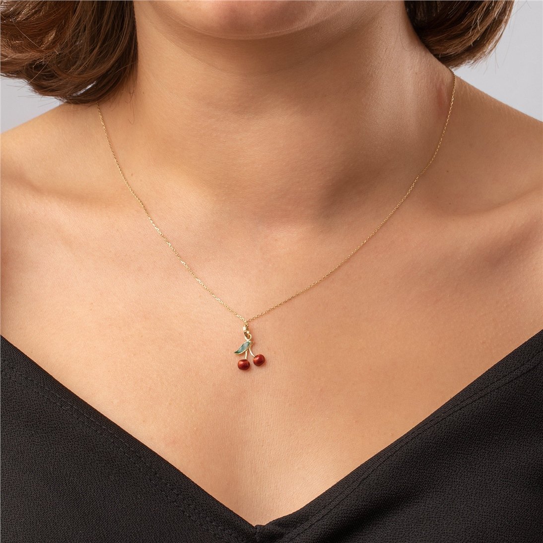 Goldstore-14K Solid Gold Cherry Necklace, Dainty Red Cherries Pendant, Cute Minimalist Fruit Necklace, Tiny Summer Jewelry, Gift For Her