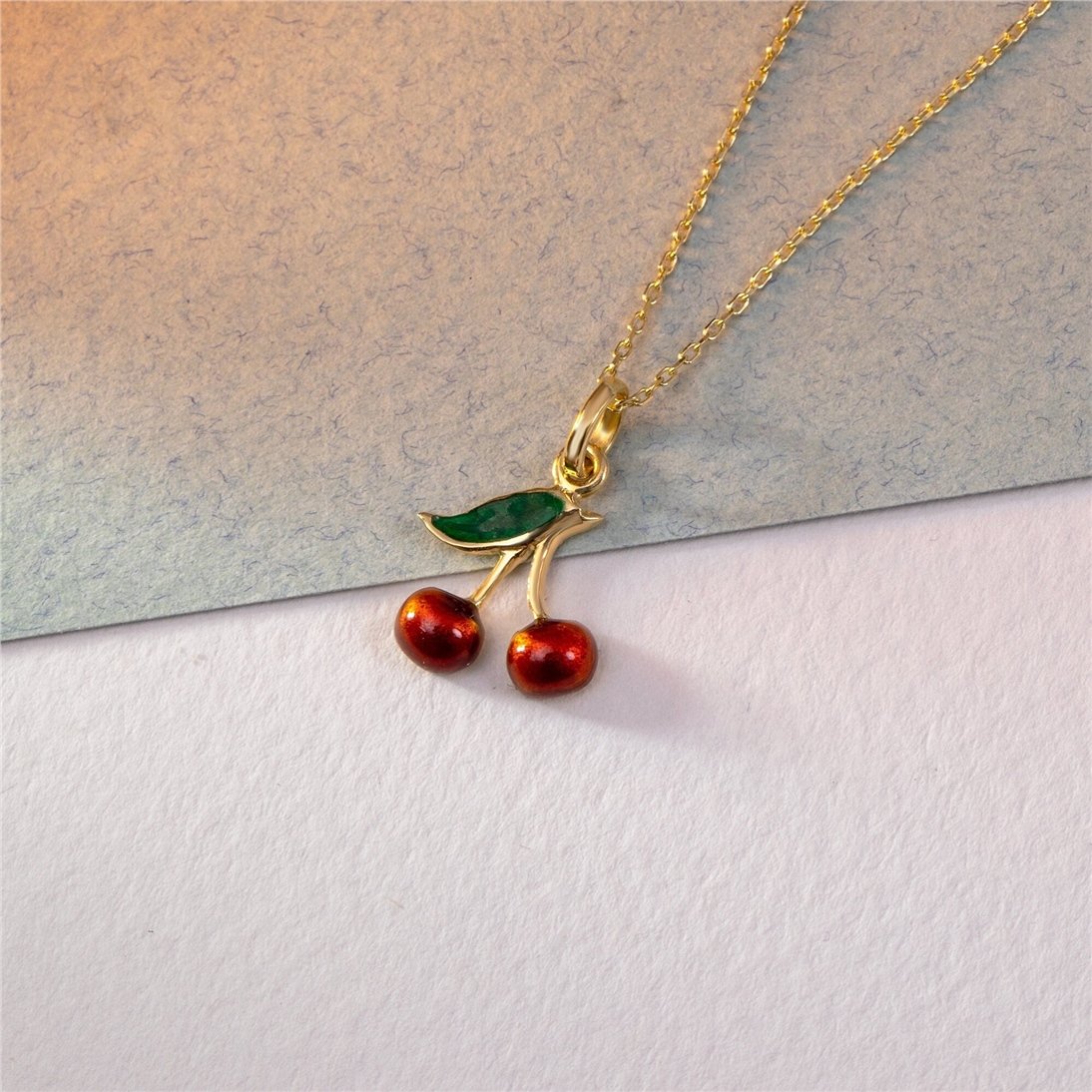 Goldstore-14K Solid Gold Cherry Necklace, Dainty Red Cherries Pendant, Cute Minimalist Fruit Necklace, Tiny Summer Jewelry, Gift For Her