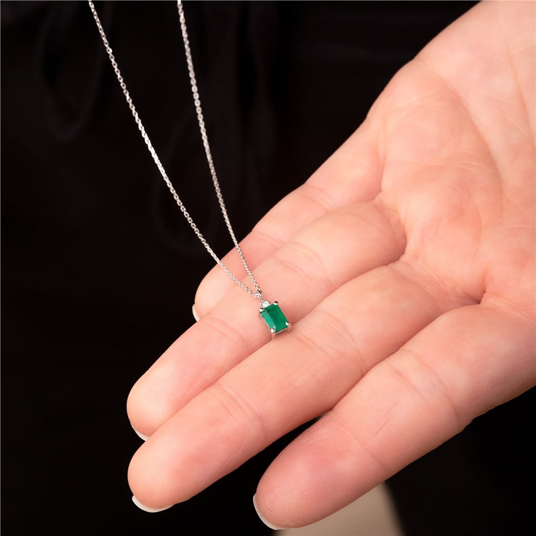 Goldstore-14K Solid Gold Classic Baguette Emerald Necklace with Diamond, Solitaire Rectangle Emerald Cut Necklace, Luxury Green Birthday Gift For Her