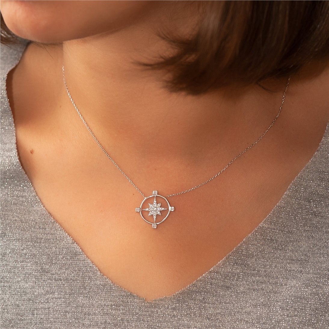 Goldstore-14k Solid Gold Compass Guidingstar Necklace, Dainty Polestar and Compass Necklace is a Great Gift For Her. Gift For Women a Northern star
