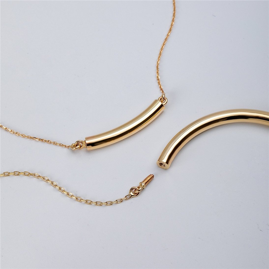 Goldstore-14k Solid Gold Cremation Urn Curved Necklace, Memorial Arc Urn Necklace, Dainty Tube Necklace, Cremation Ashes Holder For Human or Pet