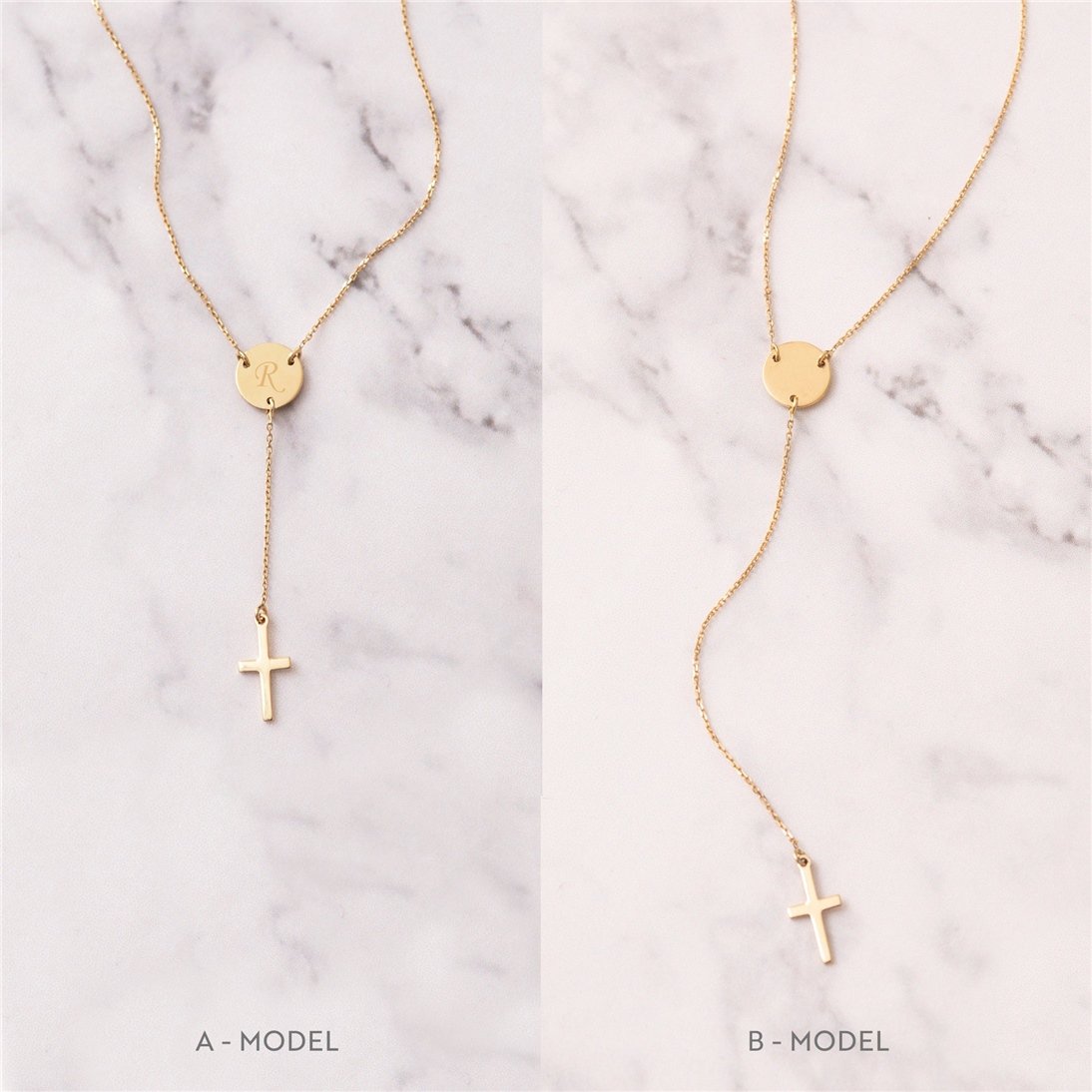 Goldstore-14k Solid Gold Cross Lariat Necklace, Minimal Initial Disc Lariat Necklace, Tiny Cross Long Lariat Necklace, Delicate Y Necklace for Her