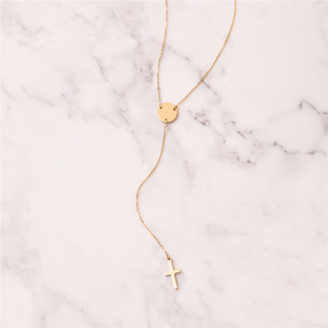 Goldstore-14k Solid Gold Cross Lariat Necklace, Minimal Initial Disc Lariat Necklace, Tiny Cross Long Lariat Necklace, Delicate Y Necklace for Her