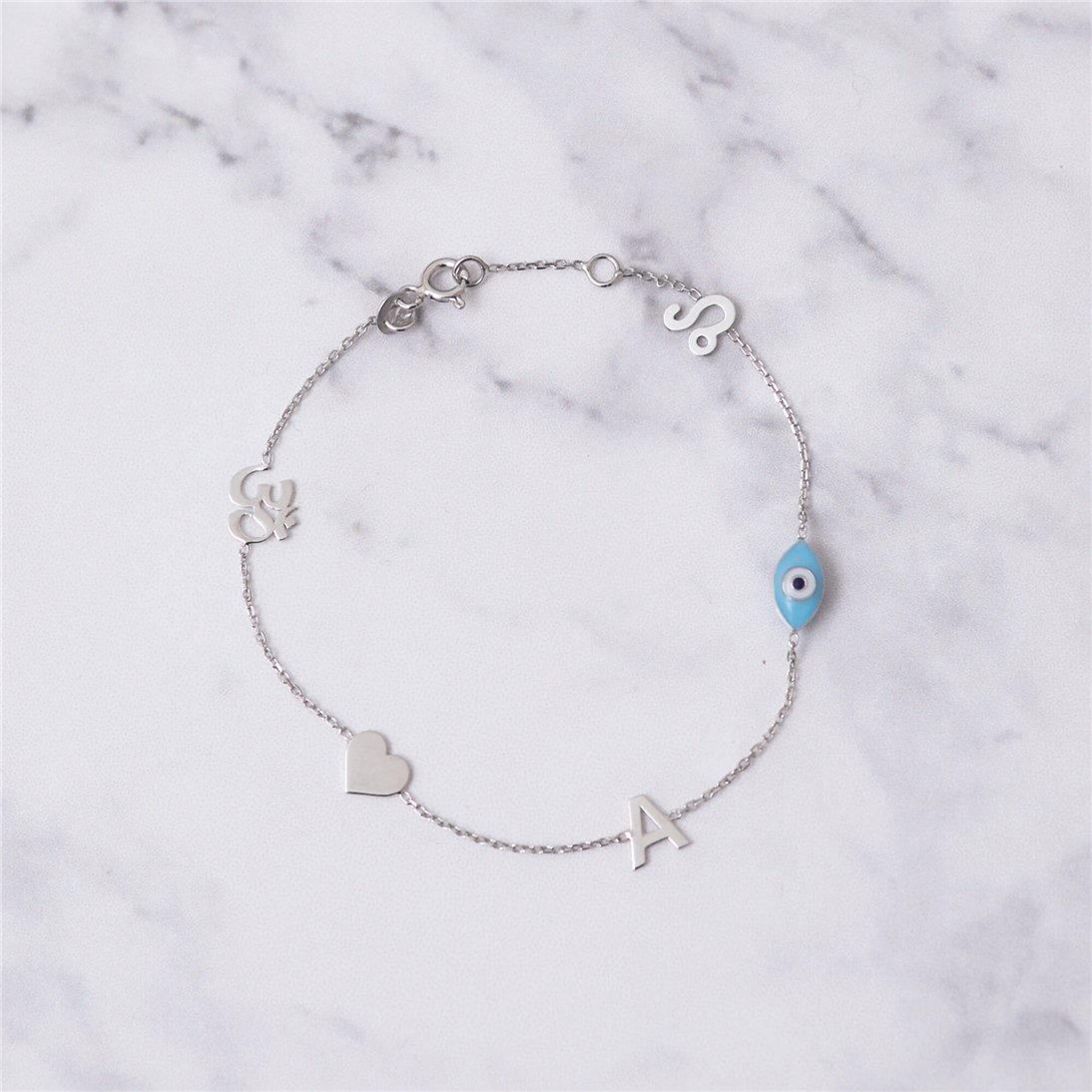 Goldstore-14k Solid Gold Custom Charm Bracelet, Personalized Letter Bracelet And Evil Eye Bracelet, Zodiac Sign Bracelet & Charm Bracelet Gift For Her
