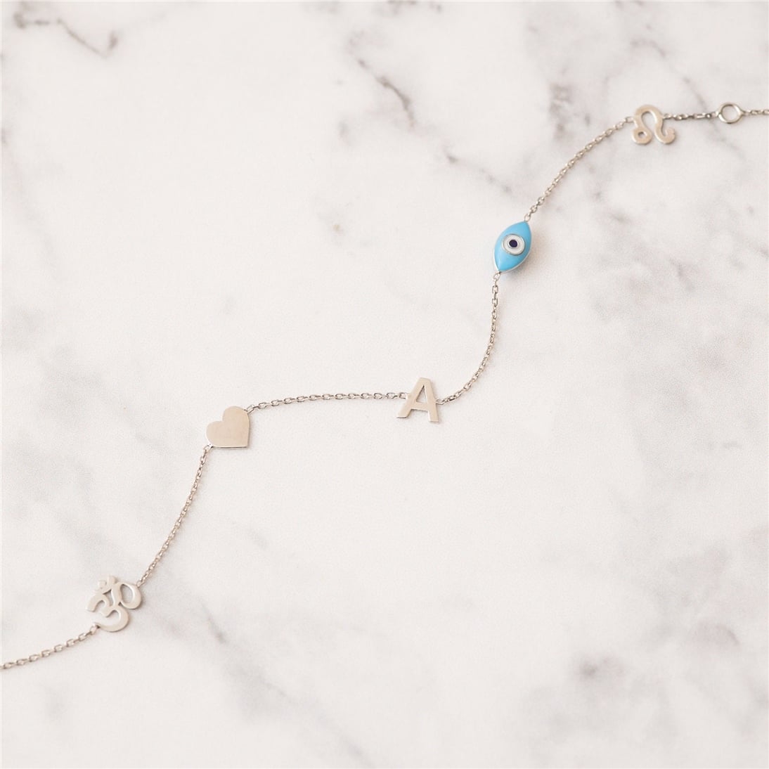 Goldstore-14k Solid Gold Custom Charm Bracelet, Personalized Letter Bracelet And Evil Eye Bracelet, Zodiac Sign Bracelet & Charm Bracelet Gift For Her