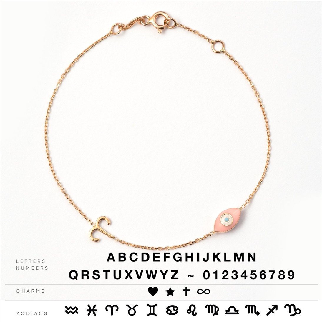 Goldstore-14k Solid Gold Custom Charm Bracelet, Personalized Letter Bracelet And Evil Eye Bracelet, Zodiac Sign Bracelet & Charm Bracelet Gift For Her