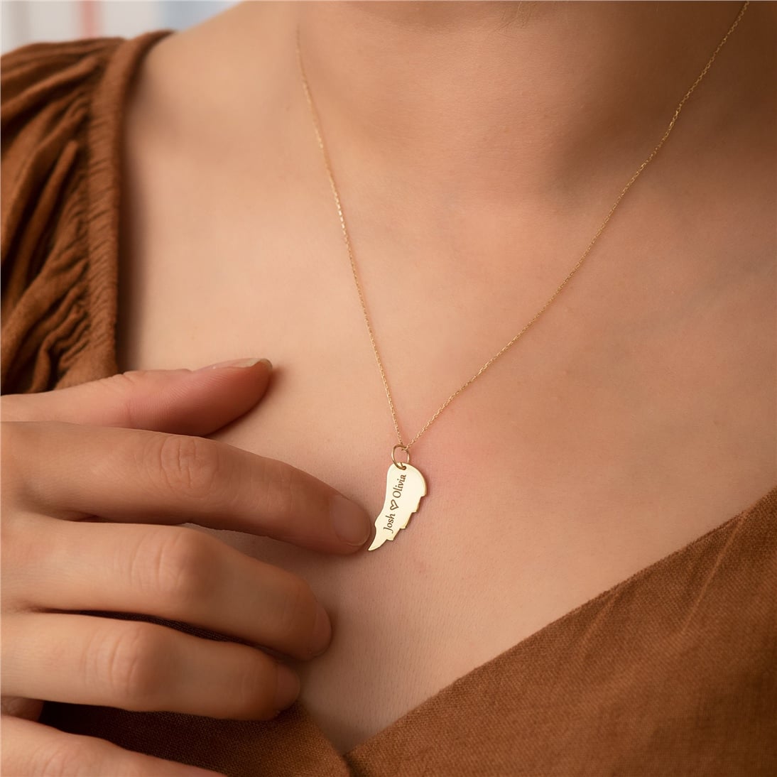 Goldstore-14k Solid Gold Custom Engrave Angel Wing Necklace, Plain Real Gold Wing Memorial Necklace, Dainty Gold Personalized Wing Keepsake Necklace