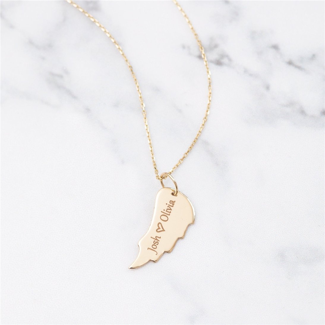 Goldstore-14k Solid Gold Custom Engrave Angel Wing Necklace, Plain Real Gold Wing Memorial Necklace, Dainty Gold Personalized Wing Keepsake Necklace