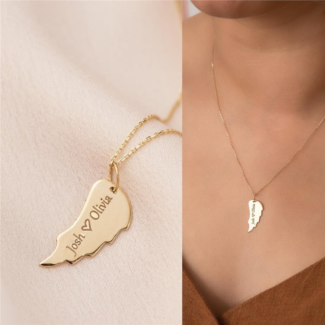 Goldstore-14k Solid Gold Custom Engrave Angel Wing Necklace, Plain Real Gold Wing Memorial Necklace, Dainty Gold Personalized Wing Keepsake Necklace