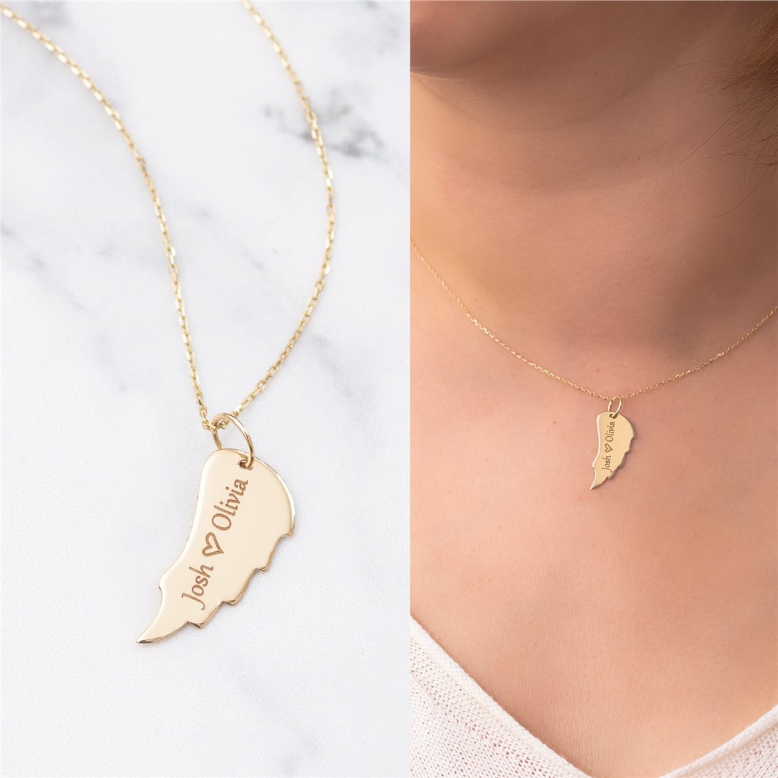 Goldstore-14k Solid Gold Custom Engrave Angel Wing Necklace, Plain Real Gold Wing Memorial Necklace, Dainty Gold Personalized Wing Keepsake Necklace