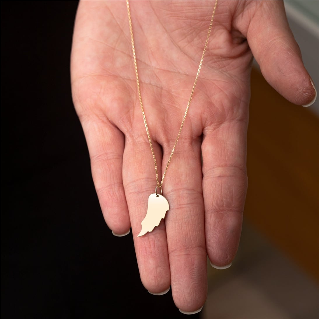 Goldstore-14k Solid Gold Custom Engrave Angel Wing Necklace, Plain Real Gold Wing Memorial Necklace, Dainty Gold Personalized Wing Keepsake Necklace