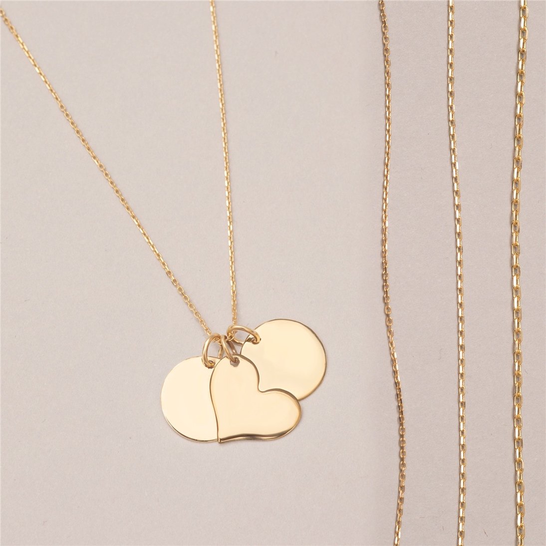 Goldstore-14K Solid Gold Custom Engrave Name Disk Necklace, Personalized 12mm Round & Heart Gold Charm Pendant Necklace, Engravable Multi Disc Pendant