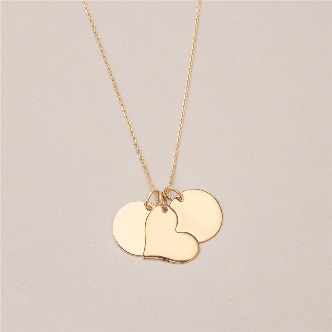 Goldstore-14K Solid Gold Custom Engrave Name Disk Necklace, Personalized 12mm Round & Heart Gold Charm Pendant Necklace, Engravable Multi Disc Pendant