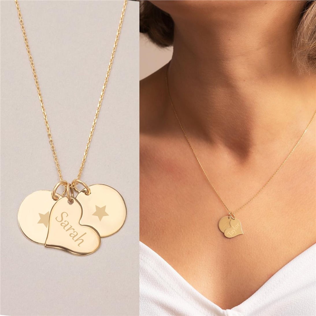 Goldstore-14K Solid Gold Custom Engrave Name Disk Necklace, Personalized 12mm Round & Heart Gold Charm Pendant Necklace, Engravable Multi Disc Pendant