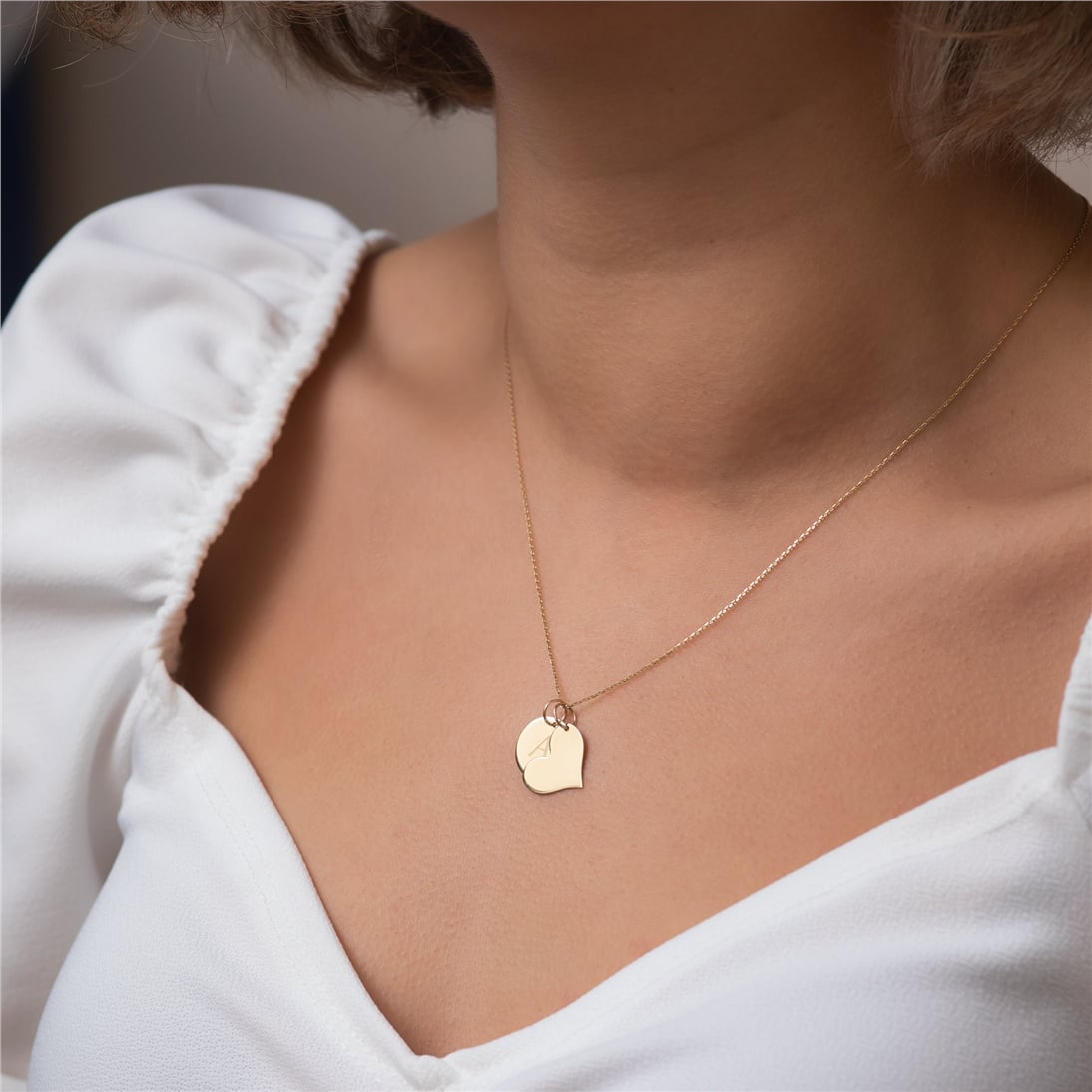 Goldstore-14K Solid Gold Custom Engrave Name Disk Necklace, Personalized 12mm Round & Heart Gold Charm Pendant Necklace, Engravable Multi Disc Pendant