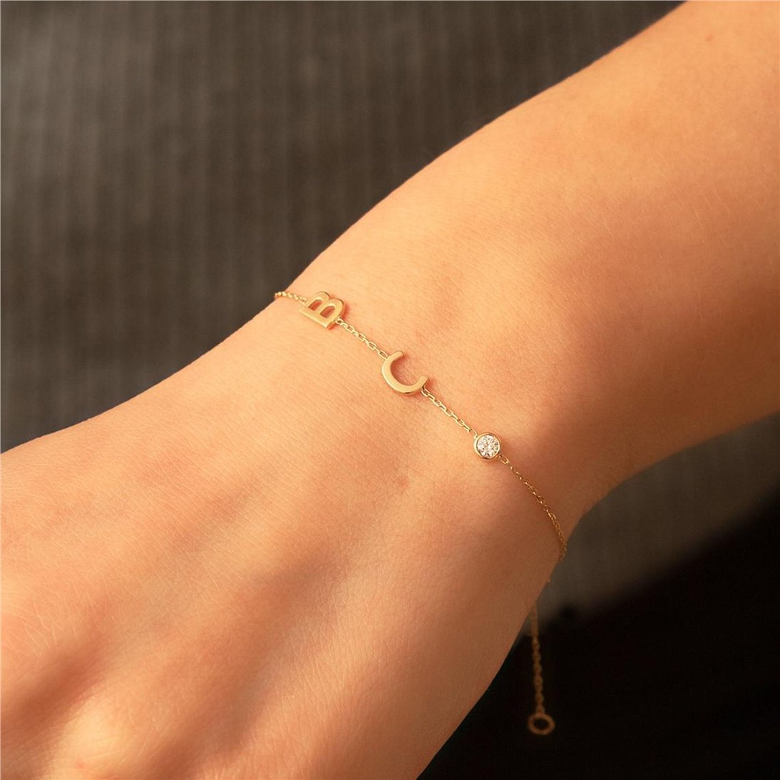 Goldstore-14k Solid Gold Custom Letter Bracelet, Gold Sideways Initial Bracelet, Personalized Letter Gold Bracelet Great Mother’s Day Gift for Her.