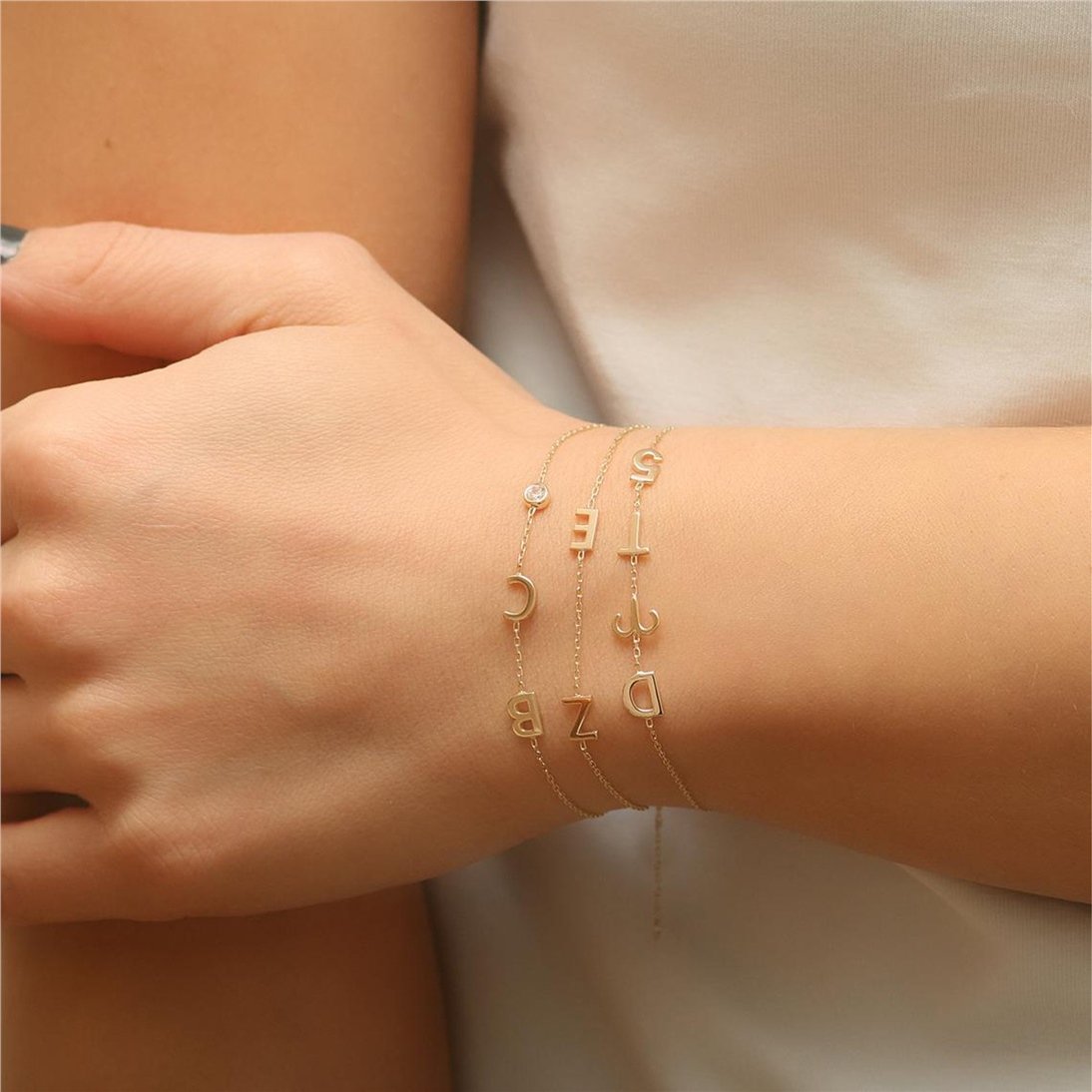 Goldstore-14k Solid Gold Custom Letter Bracelet, Gold Sideways Initial Bracelet, Personalized Letter Gold Bracelet Great Mother’s Day Gift for Her.
