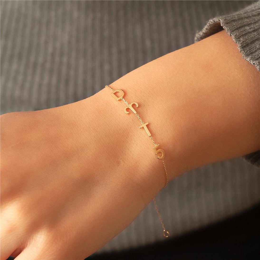 Goldstore-14k Solid Gold Custom Letter Bracelet, Gold Sideways Initial Bracelet, Personalized Letter Gold Bracelet Great Mother’s Day Gift for Her.