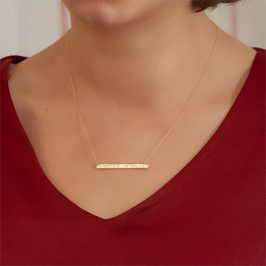 Goldstore-14k Solid Gold Custom Name Bar Necklace, Elegant Personalized Long Bar Bff Necklace is a Great Gift For Her, Christmass Valentine's Gift