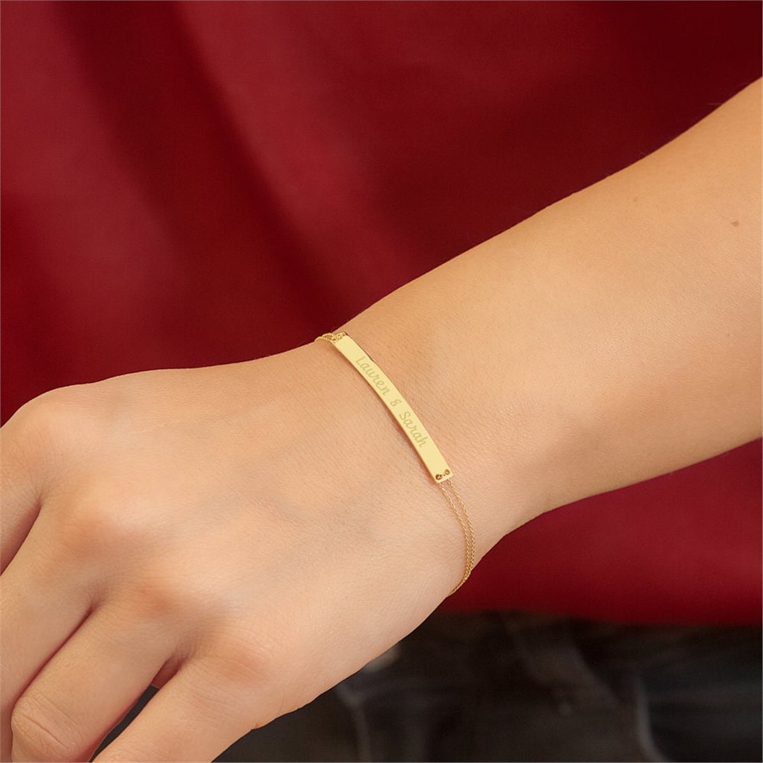 Goldstore-14k Solid Gold Custom Name Bar Bracelet, Engrave Name Date Coordinate Long Gold Bar Bracelet, Dainty Personalized Name Bracelet Gift for Her
