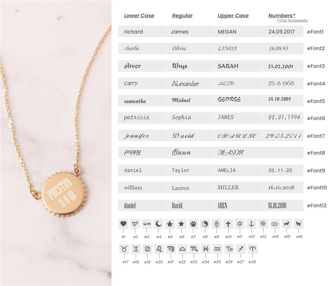 Goldstore-14k Solid Gold Custom Name Date Coordinate Engraved Sunburst Disc Necklace, Personalized Initial Disc Pendant Necklace Great Gift For Her