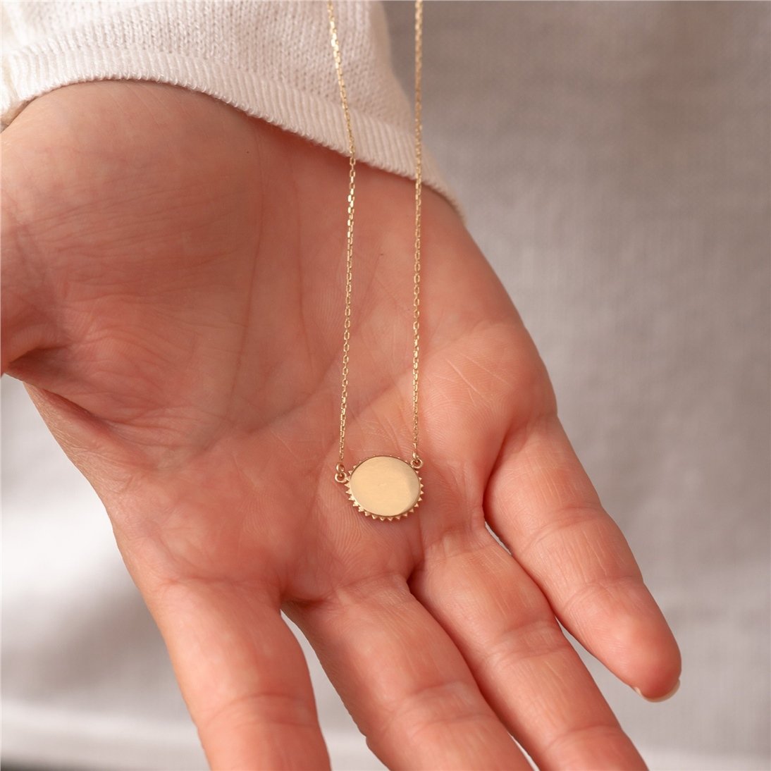 Goldstore-14k Solid Gold Custom Name Date Coordinate Engraved Sunburst Disc Necklace, Personalized Initial Disc Pendant Necklace Great Gift For Her