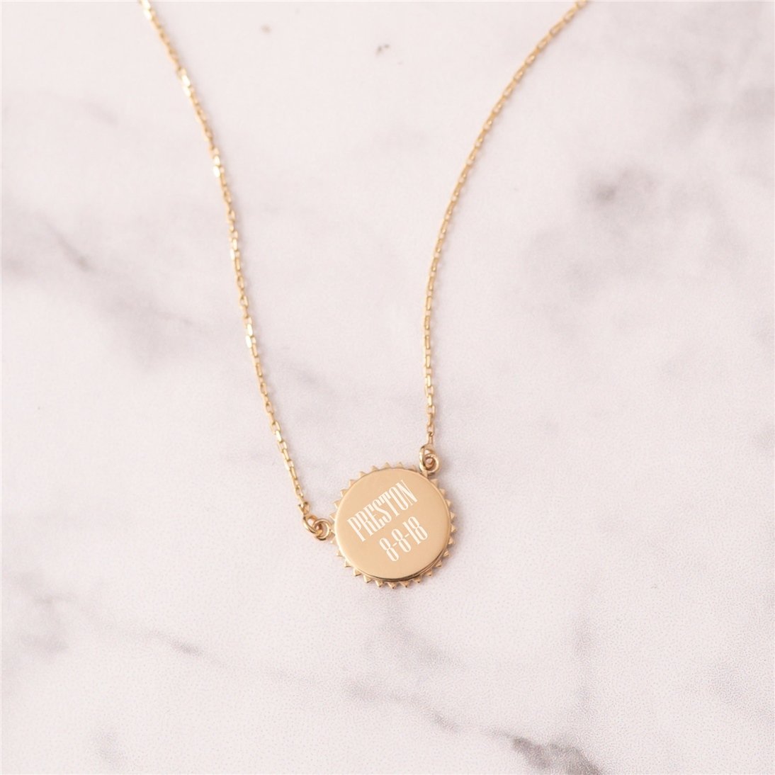 Goldstore-14k Solid Gold Custom Name Date Coordinate Engraved Sunburst Disc Necklace, Personalized Initial Disc Pendant Necklace Great Gift For Her