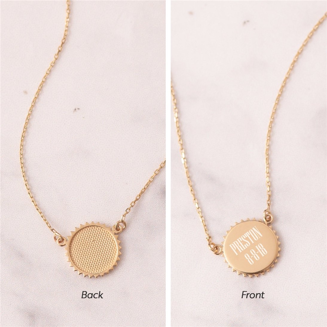 Goldstore-14k Solid Gold Custom Name Date Coordinate Engraved Sunburst Disc Necklace, Personalized Initial Disc Pendant Necklace Great Gift For Her