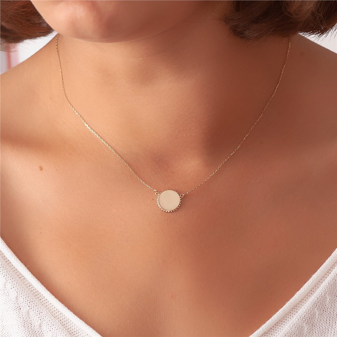 Goldstore-14k Solid Gold Custom Name Date Coordinate Engraved Sunburst Disc Necklace, Personalized Initial Disc Pendant Necklace Great Gift For Her