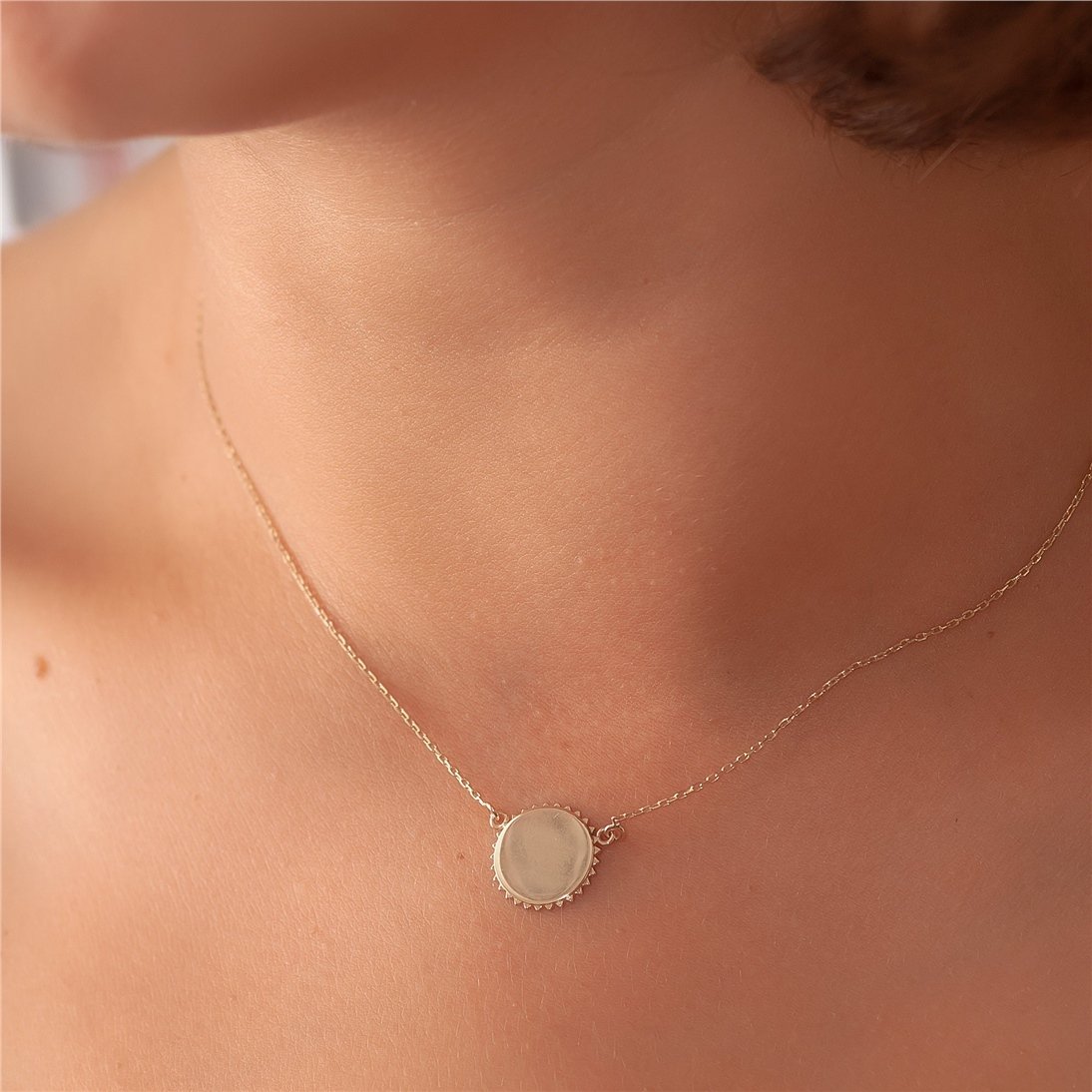 Goldstore-14k Solid Gold Custom Name Date Coordinate Engraved Sunburst Disc Necklace, Personalized Initial Disc Pendant Necklace Great Gift For Her