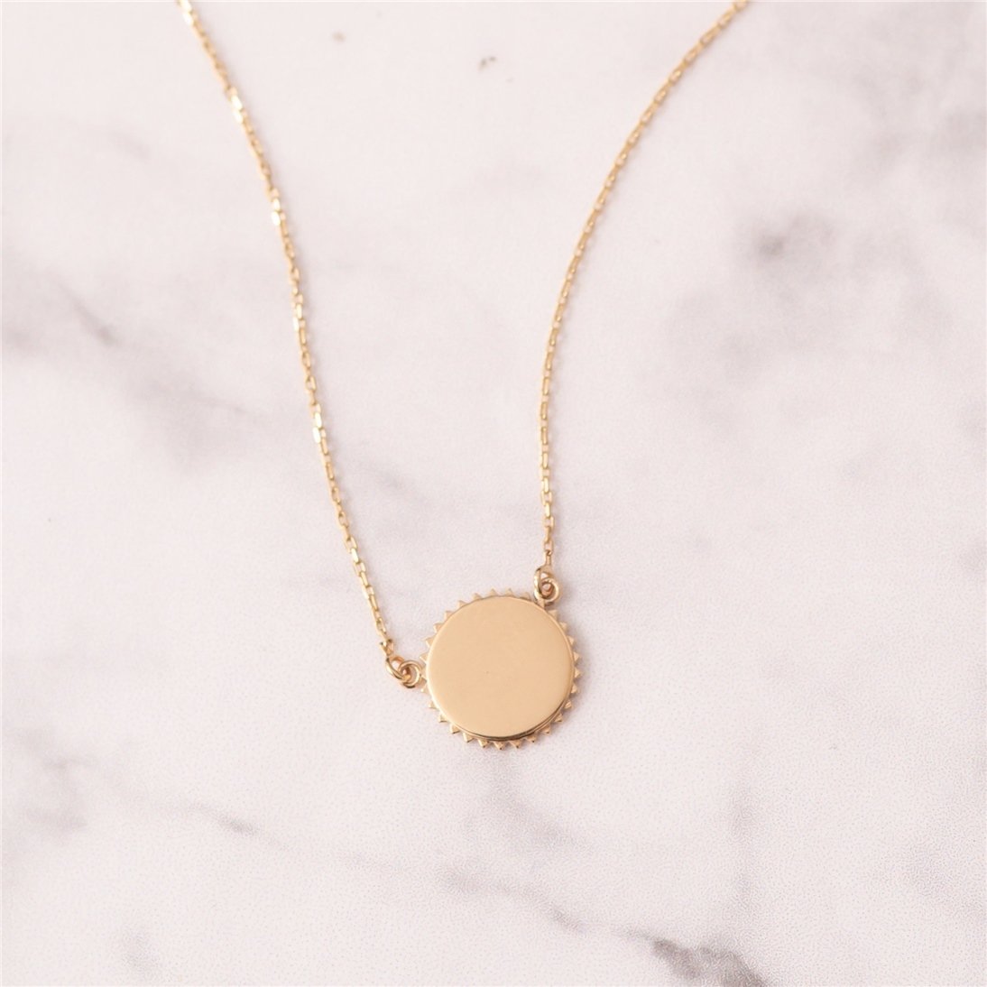 Goldstore-14k Solid Gold Custom Name Date Coordinate Engraved Sunburst Disc Necklace, Personalized Initial Disc Pendant Necklace Great Gift For Her