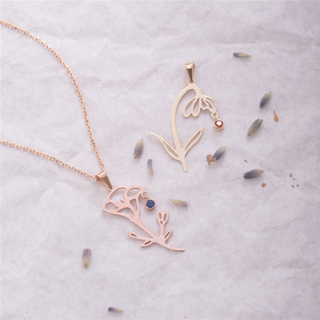 Goldstore-14K Solid Gold Dainty Birth Flower Necklace, Minimal Custom Floral Charm Necklace, Personalized Birthstone Necklace, Perfect Gift For Her