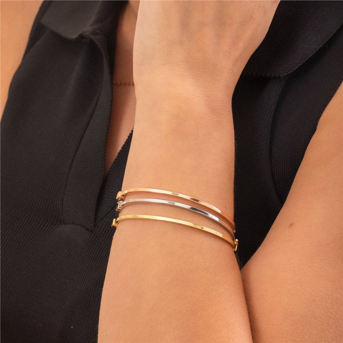 Goldstore-14K Solid Gold Dainty Hinged Bracelet, Plain Gold Bangle Bracelet, Hinged 2 mm Wide Bangle, Simple Stacking Gold Cuff, Thin Gold Bracelet