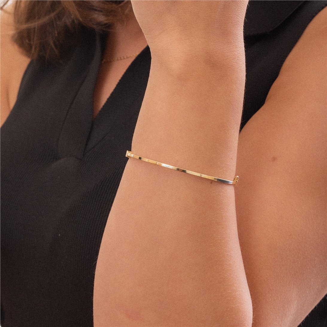 Goldstore-14K Solid Gold Dainty Hinged Bracelet, Plain Gold Bangle Bracelet, Hinged 2 mm Wide Bangle, Simple Stacking Gold Cuff, Thin Gold Bracelet
