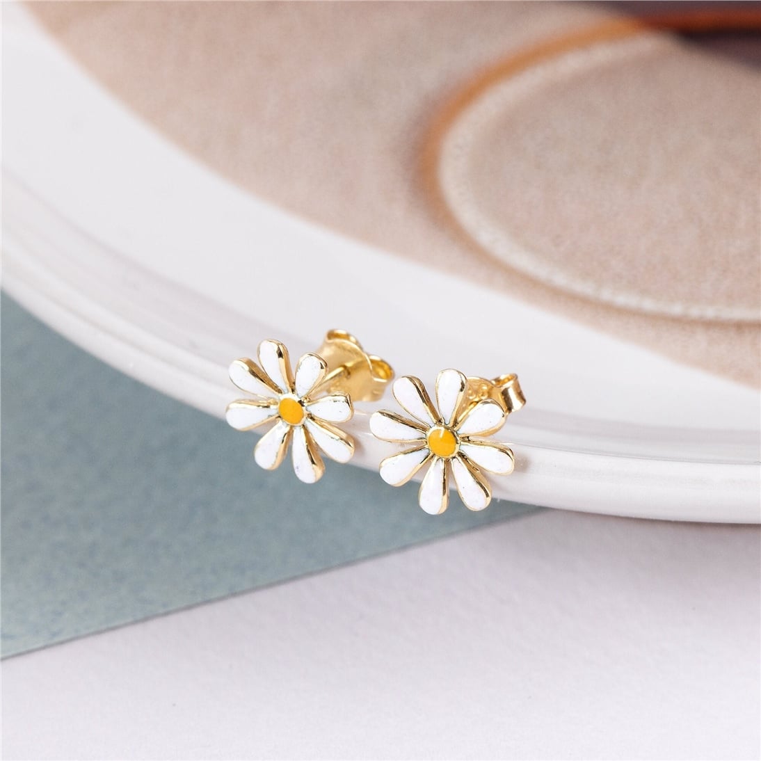 Goldstore-14K Solid Gold Daisy Flower Earrings, Dainty White Daisy Earrings, Beautiful Everyday Floral Jewelry, Nature Lover, Cute Gift For Her