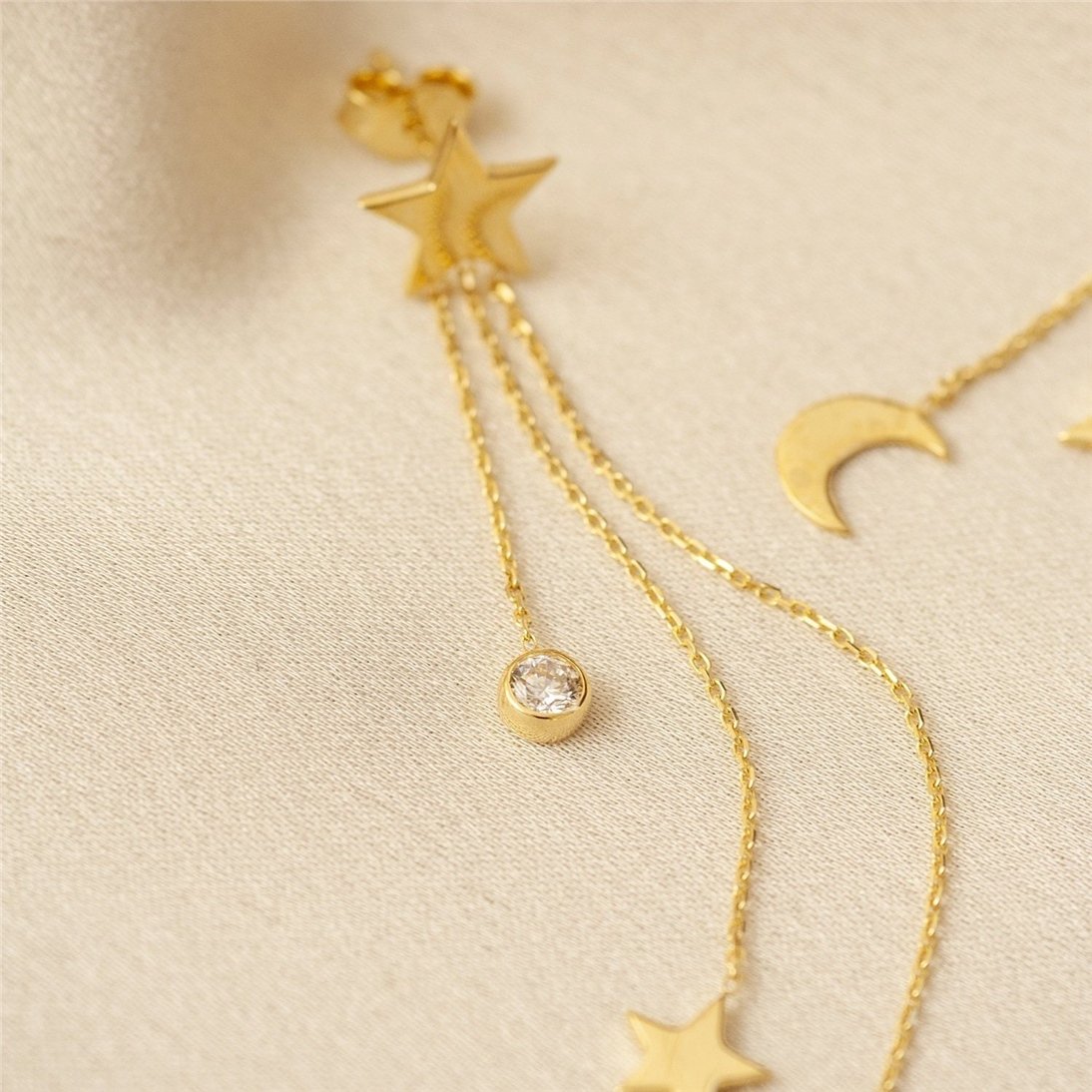 Goldstore-14K Solid Gold Dangle Drop Moon & Star Chain Earrings, Dainty Real Gold Star and Birthstone Dangle Chain Stud Earrings Great Gift for Her