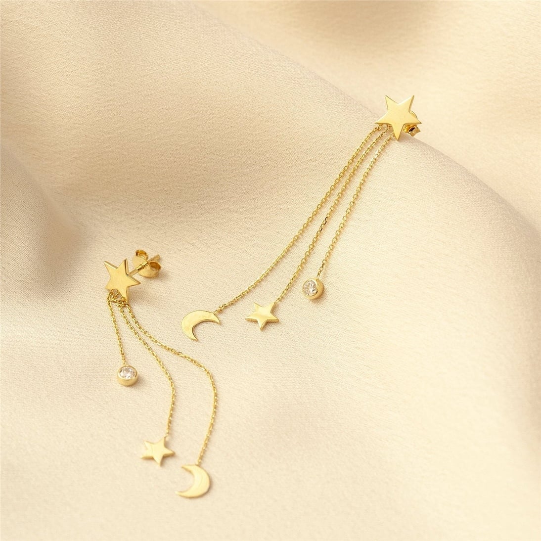 Goldstore-14K Solid Gold Dangle Drop Moon & Star Chain Earrings, Dainty Real Gold Star and Birthstone Dangle Chain Stud Earrings Great Gift for Her
