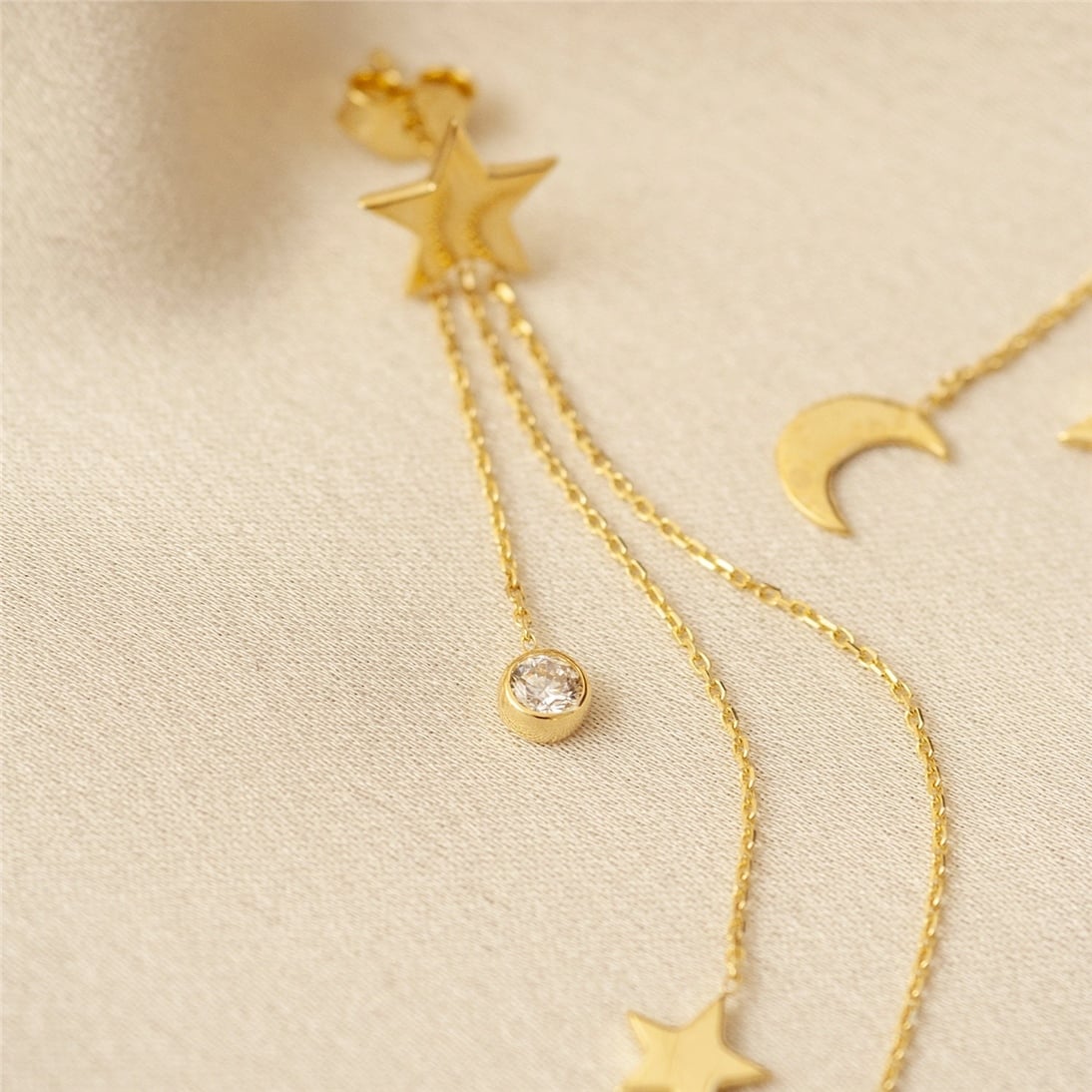 Goldstore-14K Solid Gold Dangle Drop Moon & Star Chain Earrings, Dainty Real Gold Star and Birthstone Dangle Chain Stud Earrings Great Gift for Her