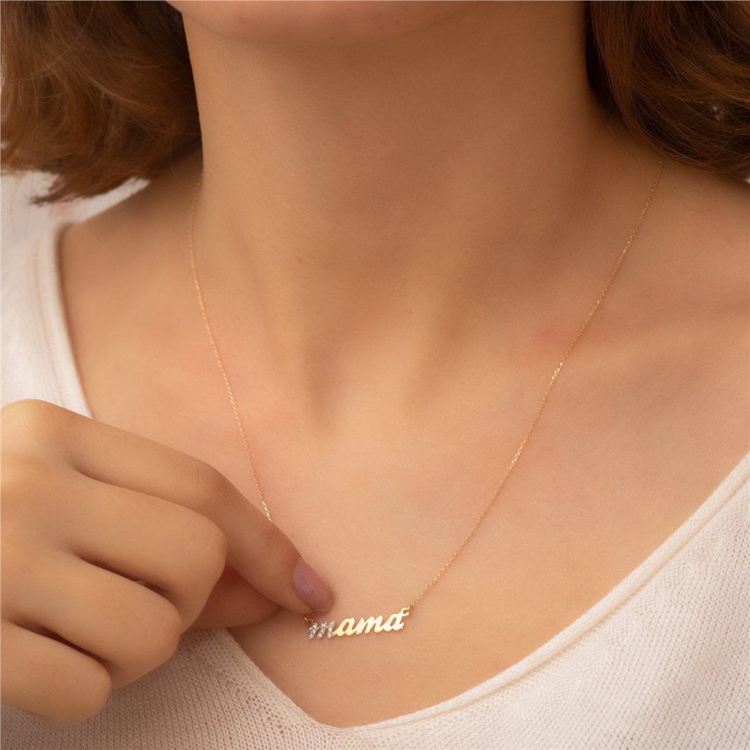 Goldstore-14K Solid Gold Diamond Mama Necklace, New mom Gift Mama Gold Necklace, Yellow White Rose Gold Dainty Mama Necklace is Best Mom Gift For Her