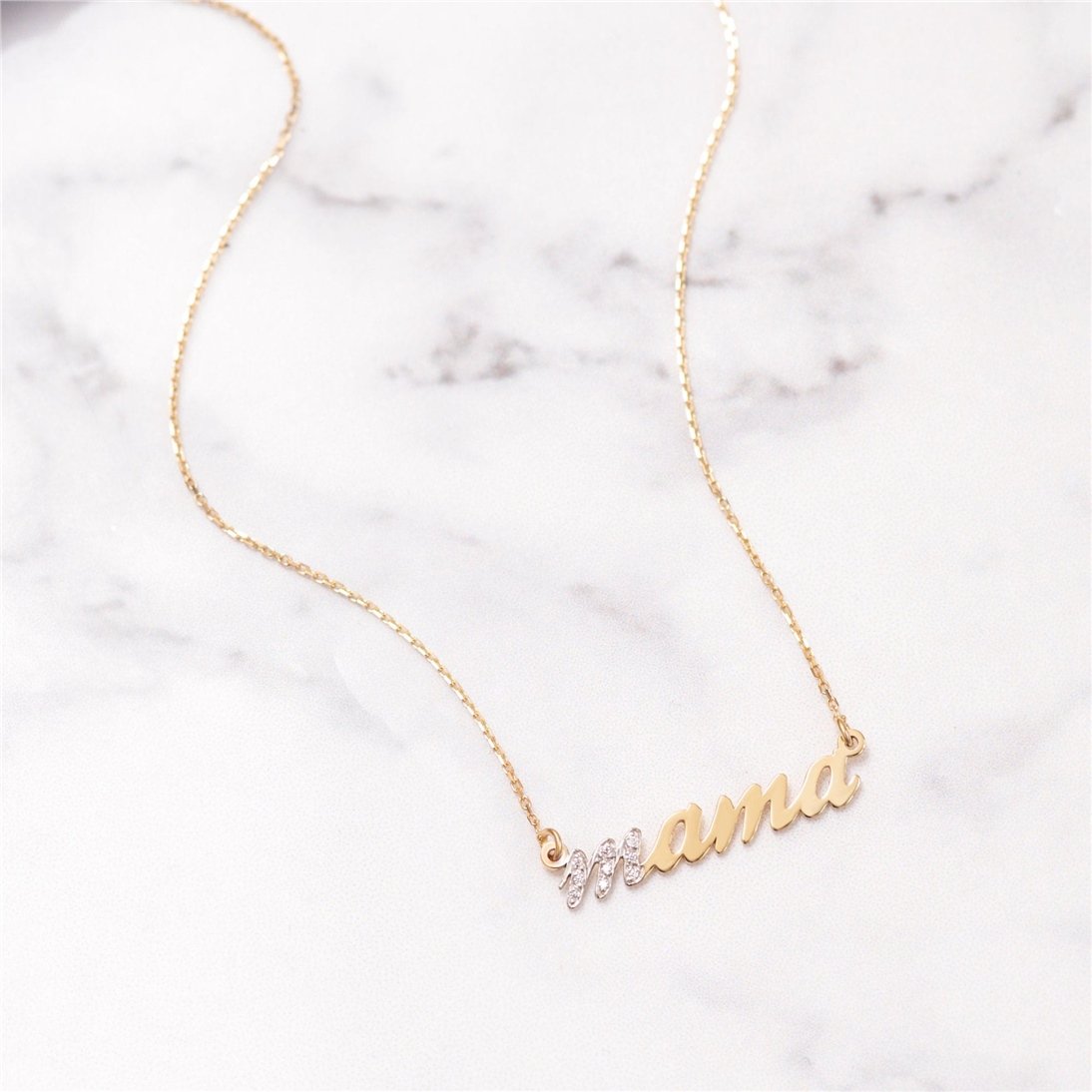 Goldstore-14K Solid Gold Diamond Mama Necklace, New mom Gift Mama Gold Necklace, Yellow White Rose Gold Dainty Mama Necklace is Best Mom Gift For Her