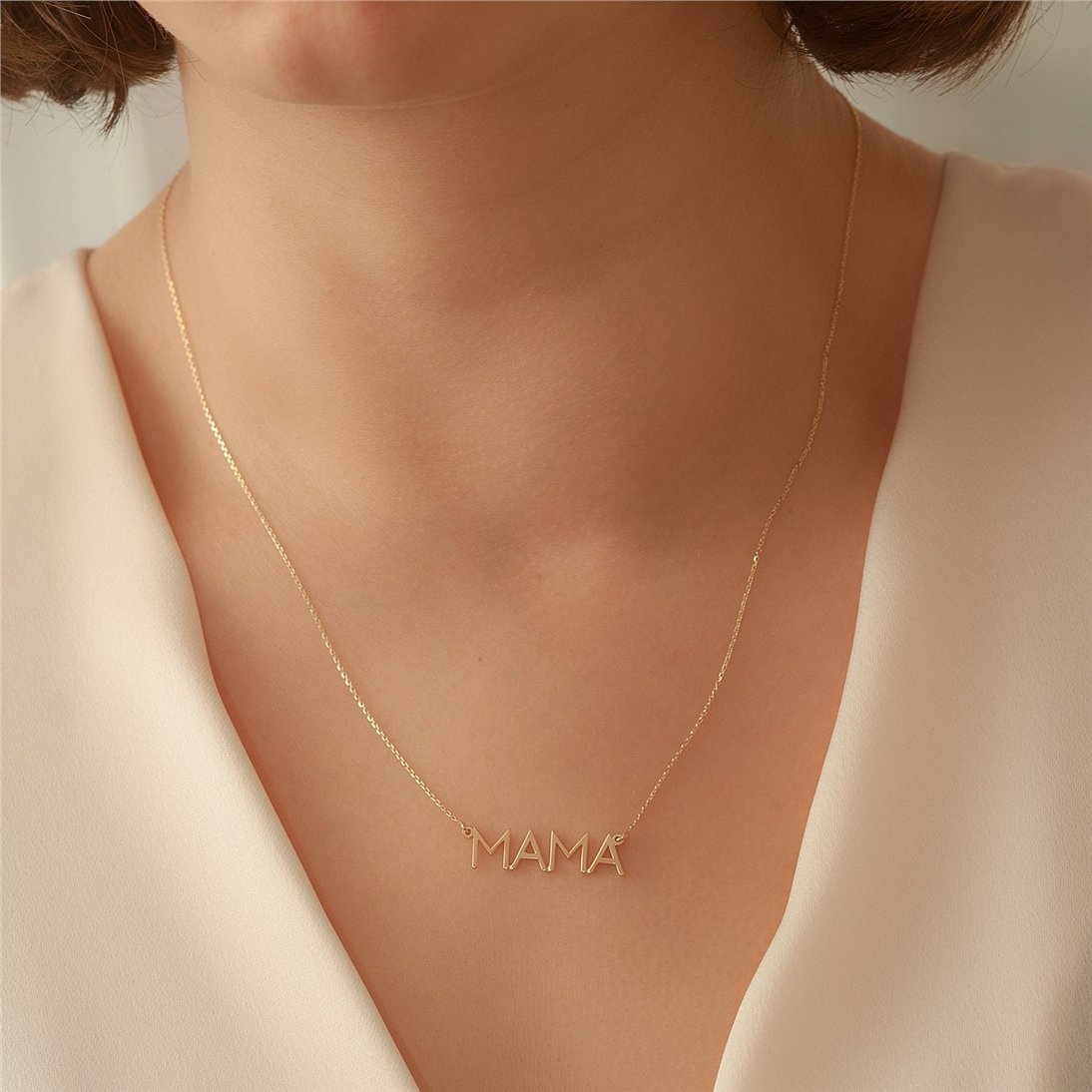 Goldstore-14K Solid Gold Diamond Mother Necklace, Cz Zircon Mama Necklace, Dainty Delicate Plain Gold Mama Necklace Great Mother's day Gift for Mom