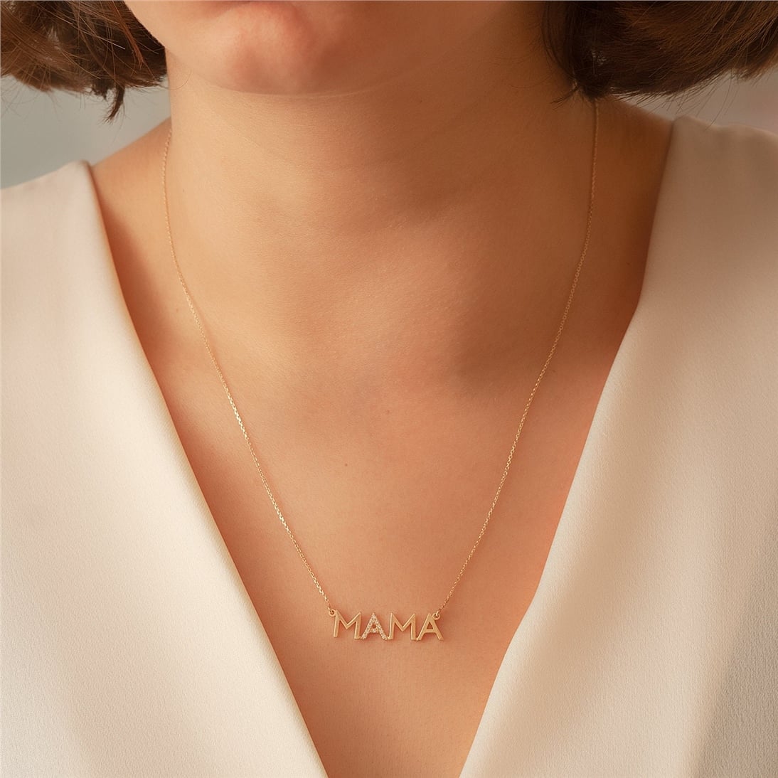 Goldstore-14K Solid Gold Diamond Mother Necklace, Cz Zircon Mama Necklace, Dainty Delicate Plain Gold Mama Necklace Great Mother's day Gift for Mom