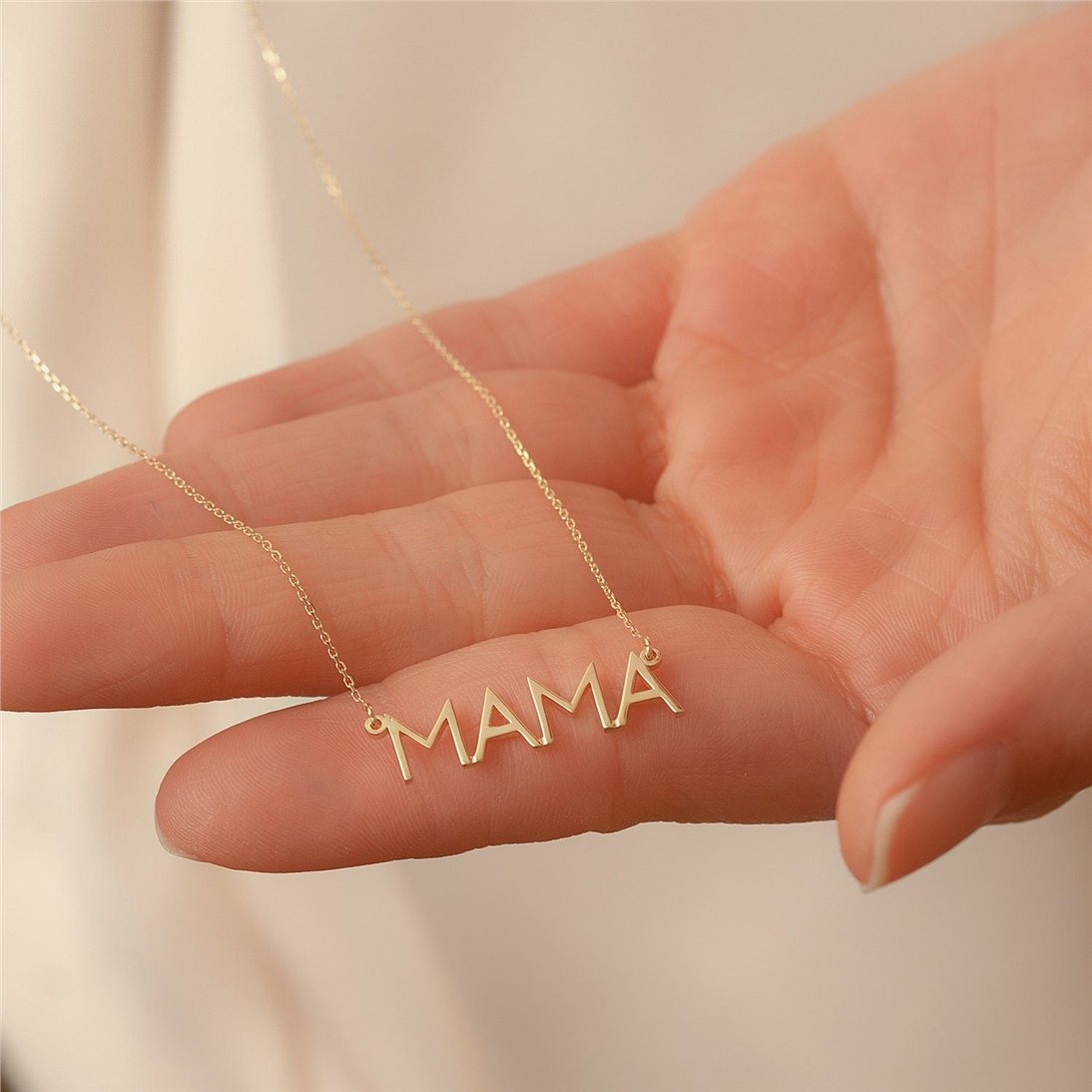 Goldstore-14K Solid Gold Diamond Mother Necklace, Cz Zircon Mama Necklace, Dainty Delicate Plain Gold Mama Necklace Great Mother's day Gift for Mom