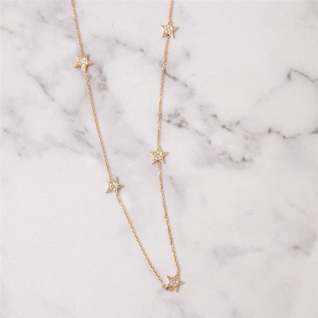 Goldstore-14k Solid Gold Diamond or Cz Star Necklace, 1 2 3 4 5 Celestial Dainty Stars Necklace, Station Gold Star Necklace